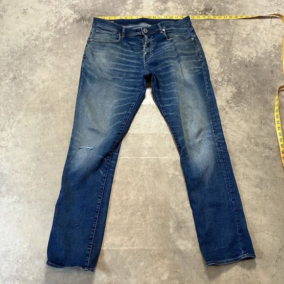 G Star Raw Jeans Mens 33 Blue Button Fly Distressed‎ Whisking Straight Leg Fit